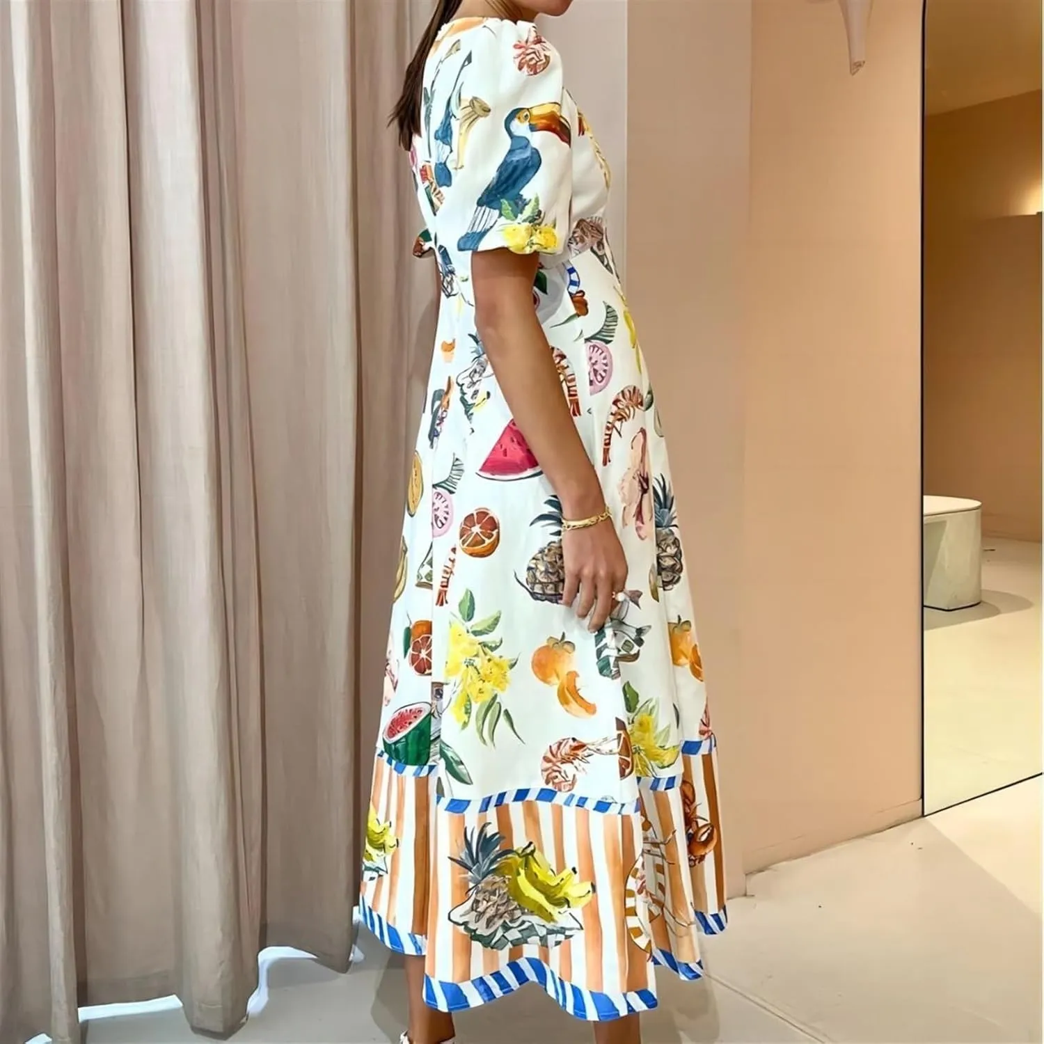 Personalized Fashion Graffiti Printed Slim fit Versatile Dress for Women, Casual Printed Long Skirt, Big Swing Dress