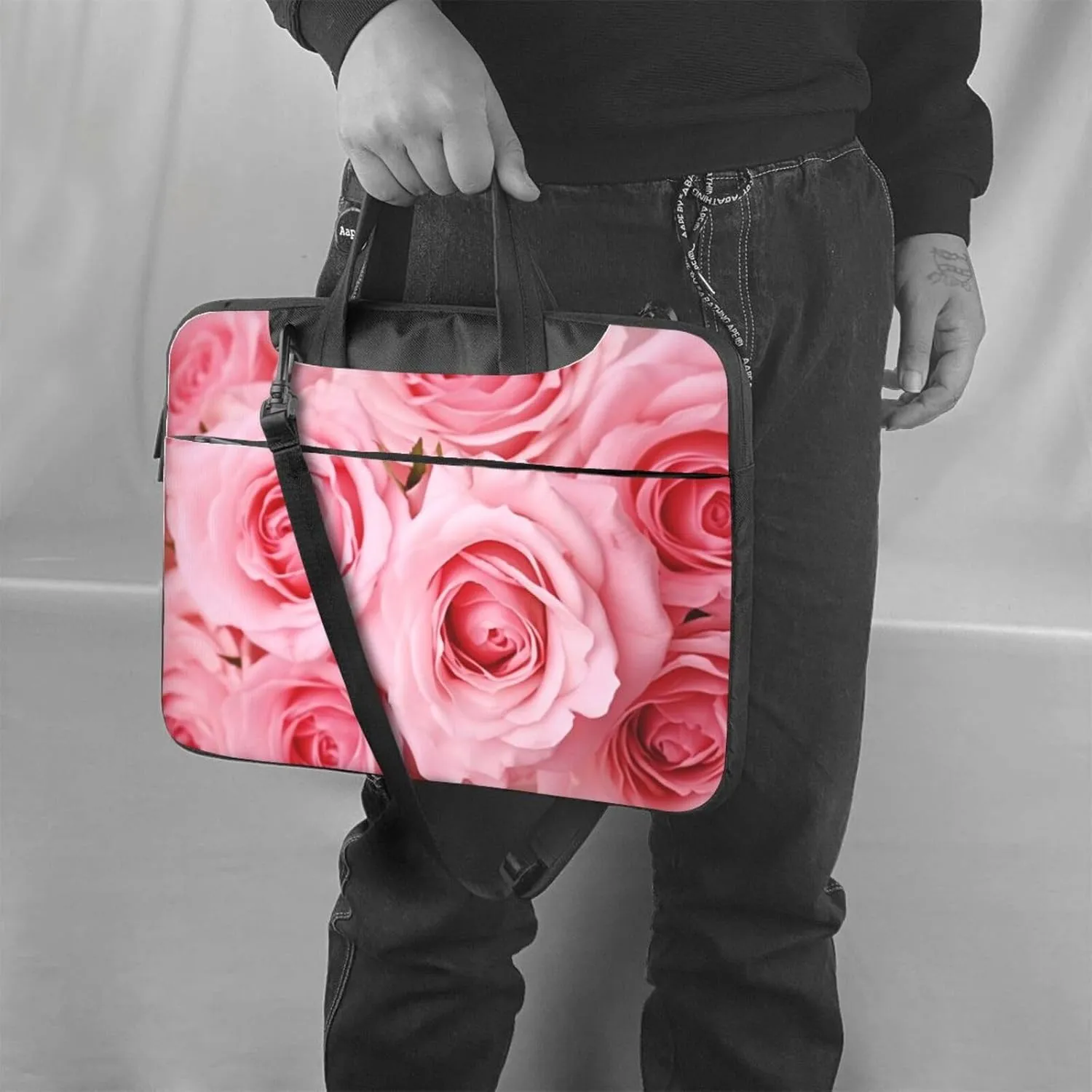 Pink Fresh Roses Laptop Tote Bag for Men Women Laptop Sleeve Shoulder Briefcase Messenger Computer Bag