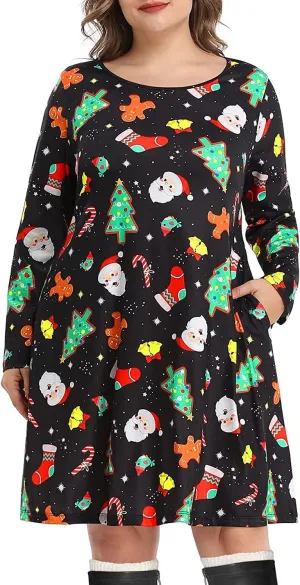 Pinup Fashion Women's Long Sleeve Plus Size Dress Casual T-Shirt Swing Loose Dresses with Pockets