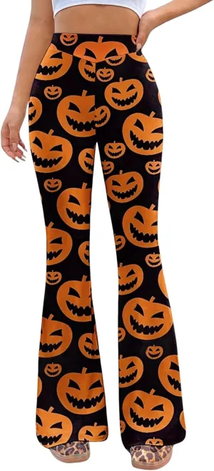Pumpkin Ghost Flare Pants for Women - Halloween Costume Trouser High Waist Bell Bottom Disco Leggings Rave Outfits