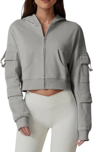 QINSEN Hoodies for Women Full Zip Up Cropped Jacket Long Sleeves with Cargo Pockets Sweatshirts Tops