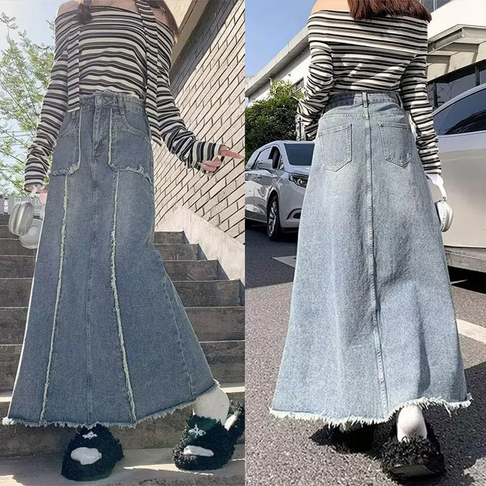 Retro Fringed Split Denim Skirt for Women, high Waisted and Slimming A-line Skirt, Versatile Long Skirt