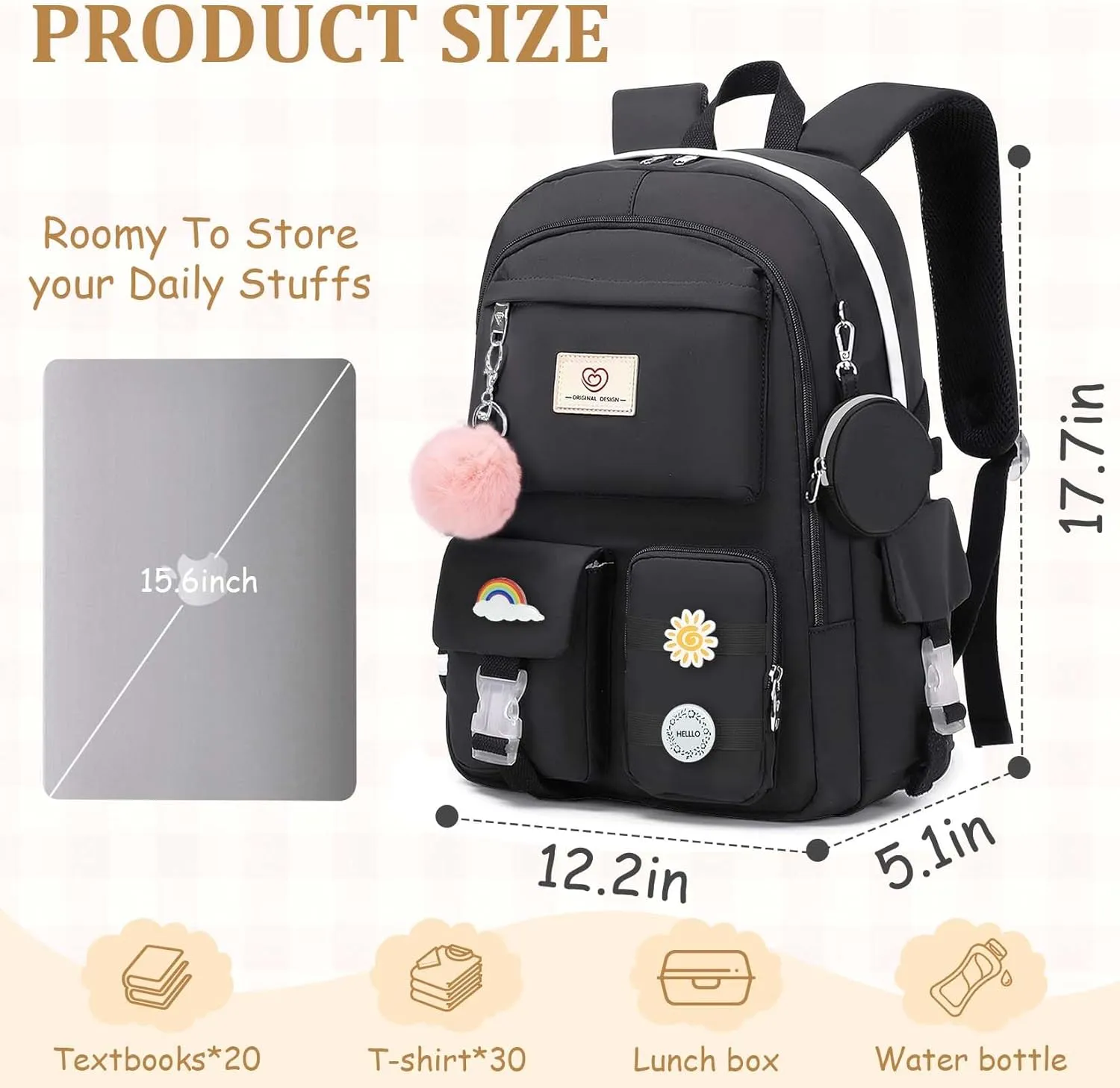 School Backpack For Girls - Cute Girls Backpack For Teens Women College Middle High School - Students Bookbag Travel Daypack,18 Multifunctional Large Capacity