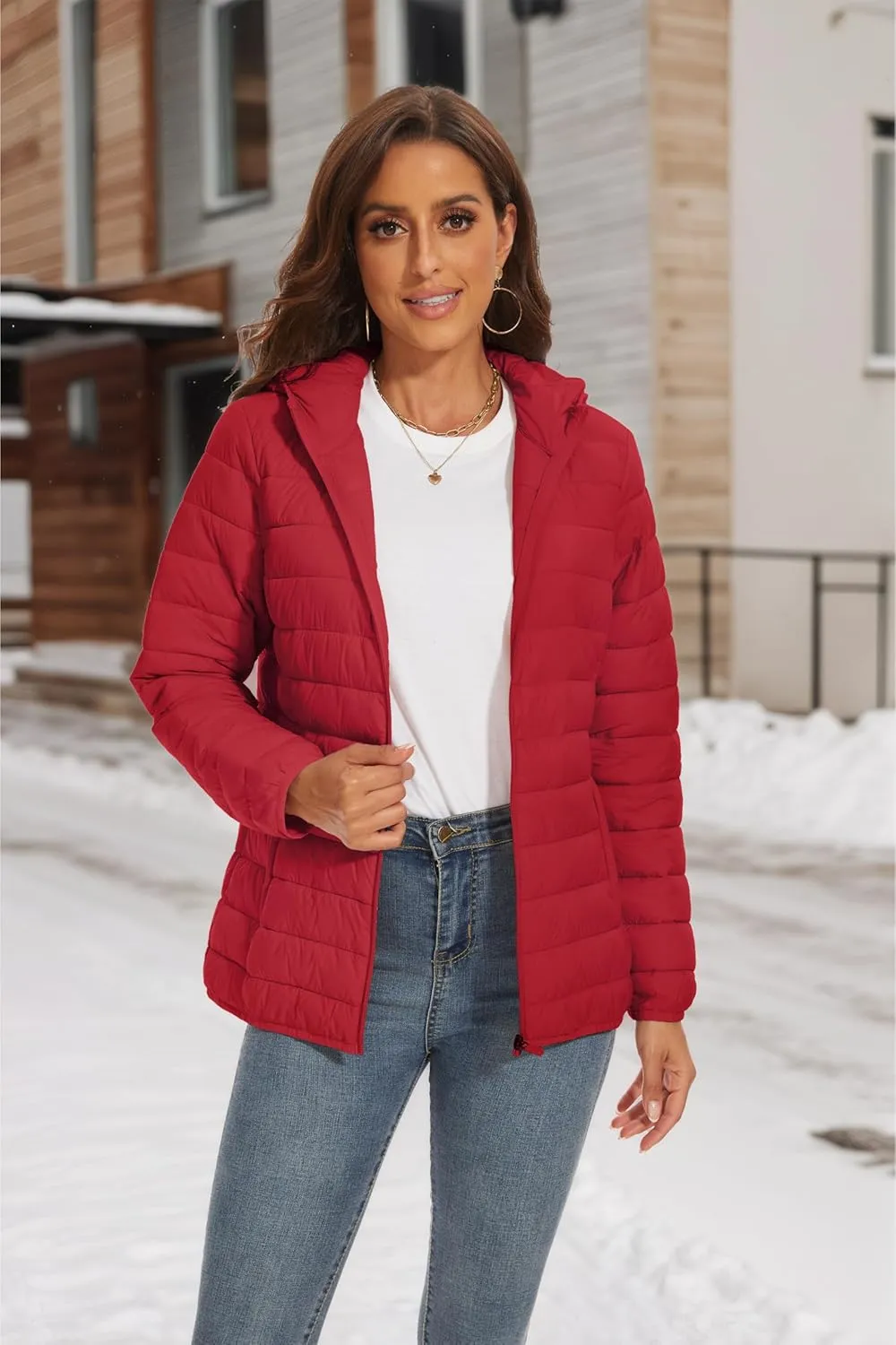 SMENG Puffer Jacket Womens Lightweight Hooded Full-Zip Windproof & Water-Repellent Womens Winter Coats