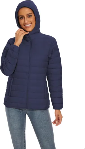 SMENG Puffer Jacket Womens Lightweight Hooded Full-Zip Windproof & Water-Repellent Womens Winter Coats