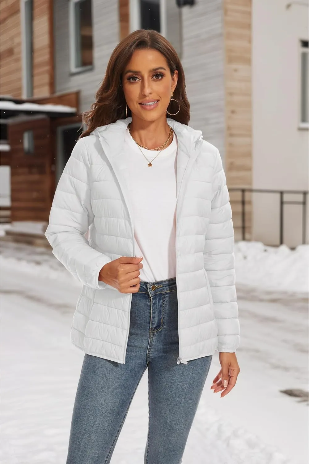SMENG Puffer Jacket Womens Lightweight Hooded Full-Zip Windproof & Water-Repellent Womens Winter Coats