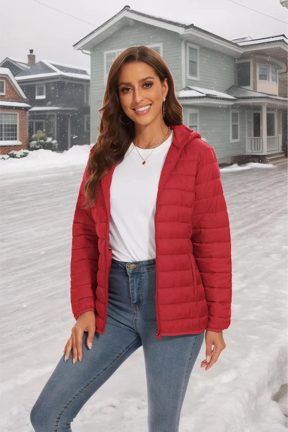 SMENG Puffer Jacket Womens Lightweight Hooded Full-Zip Windproof & Water-Repellent Womens Winter Coats