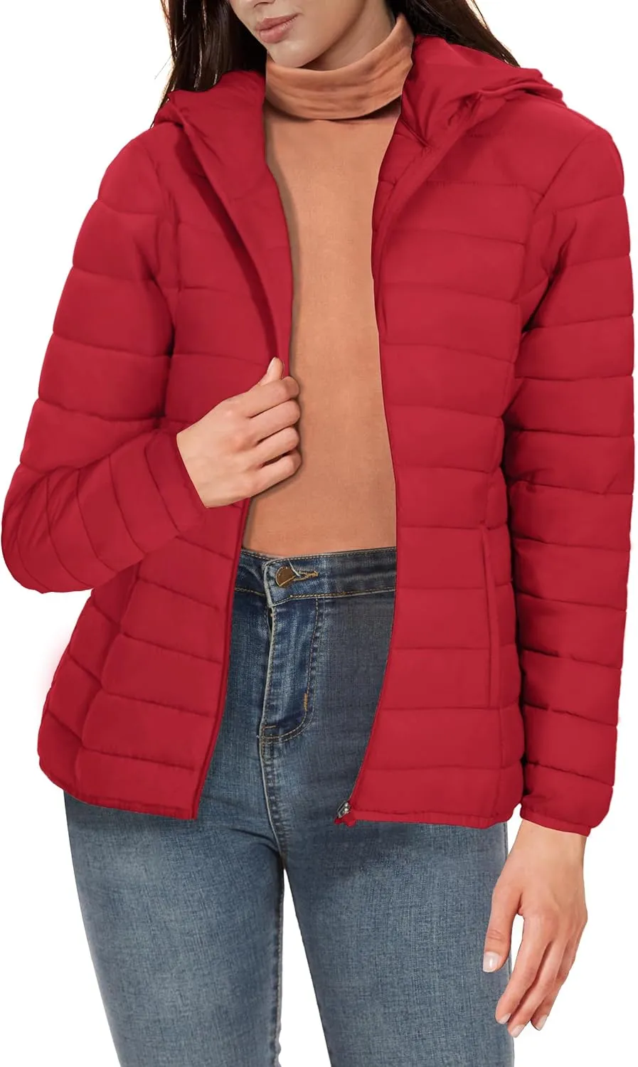 SMENG Puffer Jacket Womens Lightweight Hooded Full-Zip Windproof & Water-Repellent Womens Winter Coats