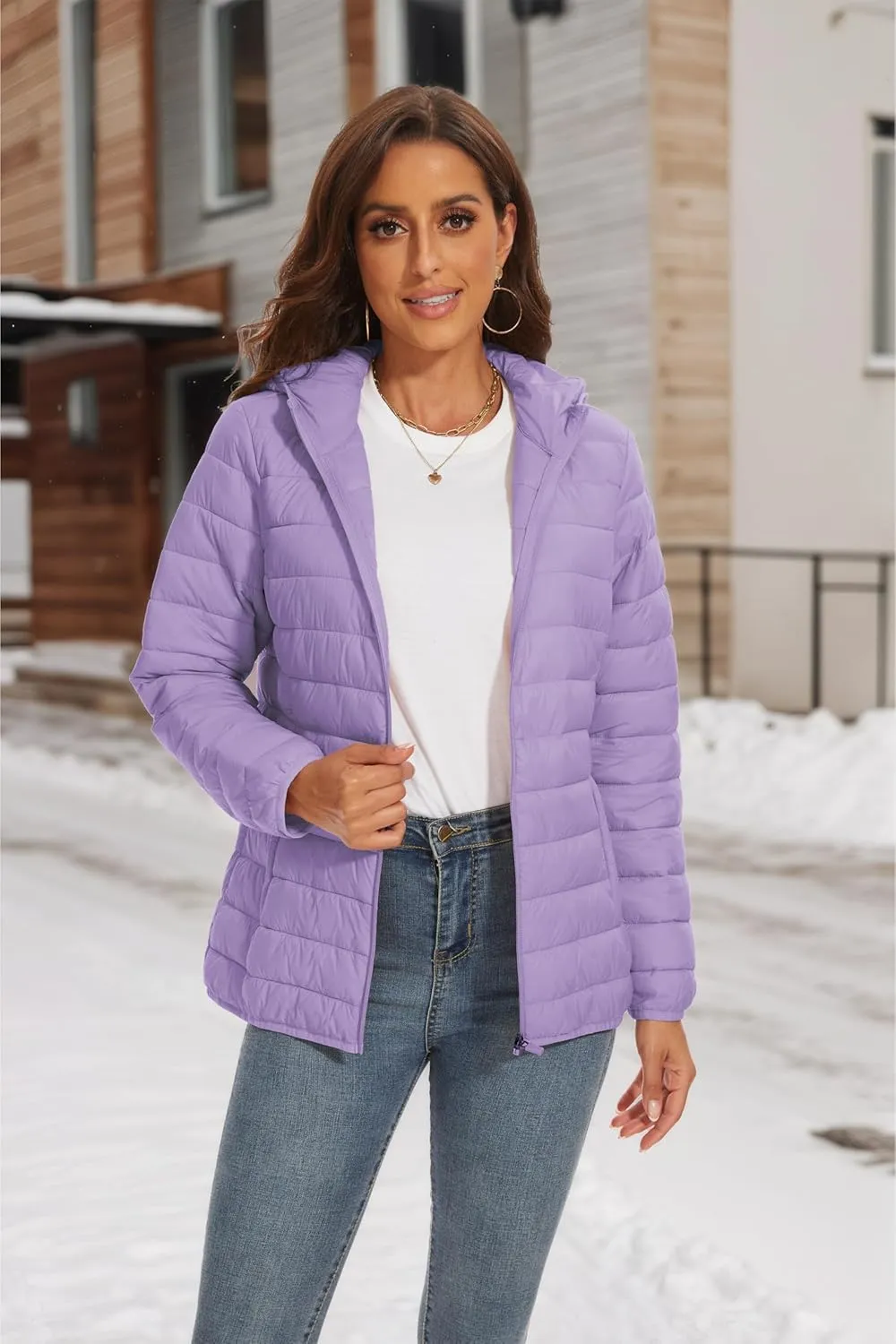 SMENG Puffer Jacket Womens Lightweight Hooded Full-Zip Windproof & Water-Repellent Womens Winter Coats