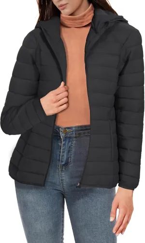 SMENG Puffer Jacket Womens Lightweight Hooded Full-Zip Windproof & Water-Repellent Womens Winter Coats