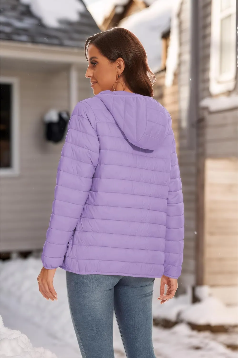 SMENG Puffer Jacket Womens Lightweight Hooded Full-Zip Windproof & Water-Repellent Womens Winter Coats