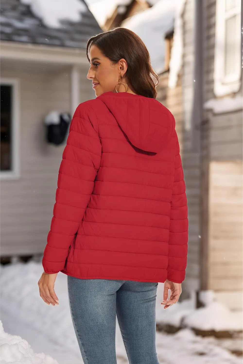SMENG Puffer Jacket Womens Lightweight Hooded Full-Zip Windproof & Water-Repellent Womens Winter Coats