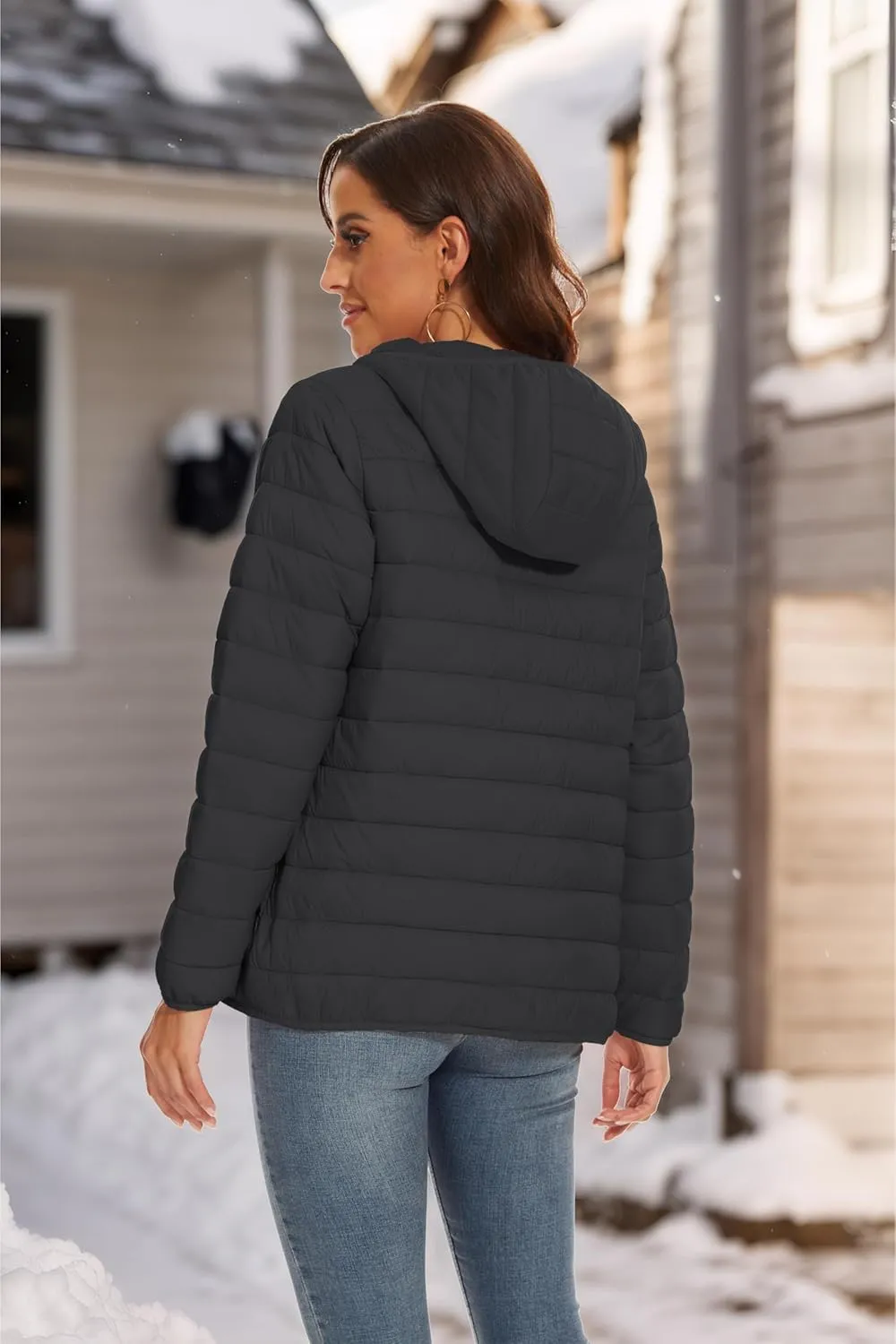 SMENG Puffer Jacket Womens Lightweight Hooded Full-Zip Windproof & Water-Repellent Womens Winter Coats