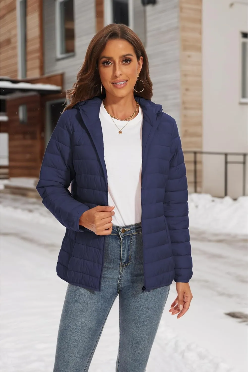 SMENG Puffer Jacket Womens Lightweight Hooded Full-Zip Windproof & Water-Repellent Womens Winter Coats
