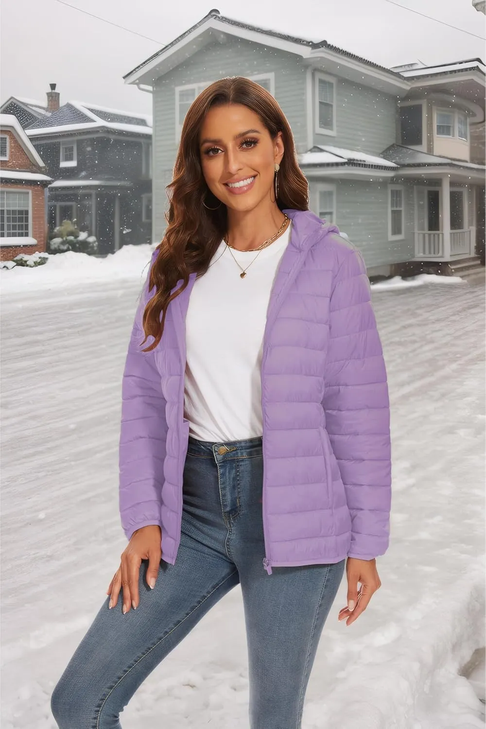 SMENG Puffer Jacket Womens Lightweight Hooded Full-Zip Windproof & Water-Repellent Womens Winter Coats