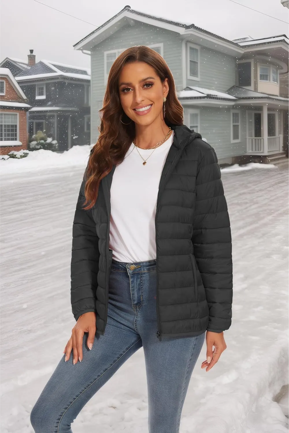 SMENG Puffer Jacket Womens Lightweight Hooded Full-Zip Windproof & Water-Repellent Womens Winter Coats