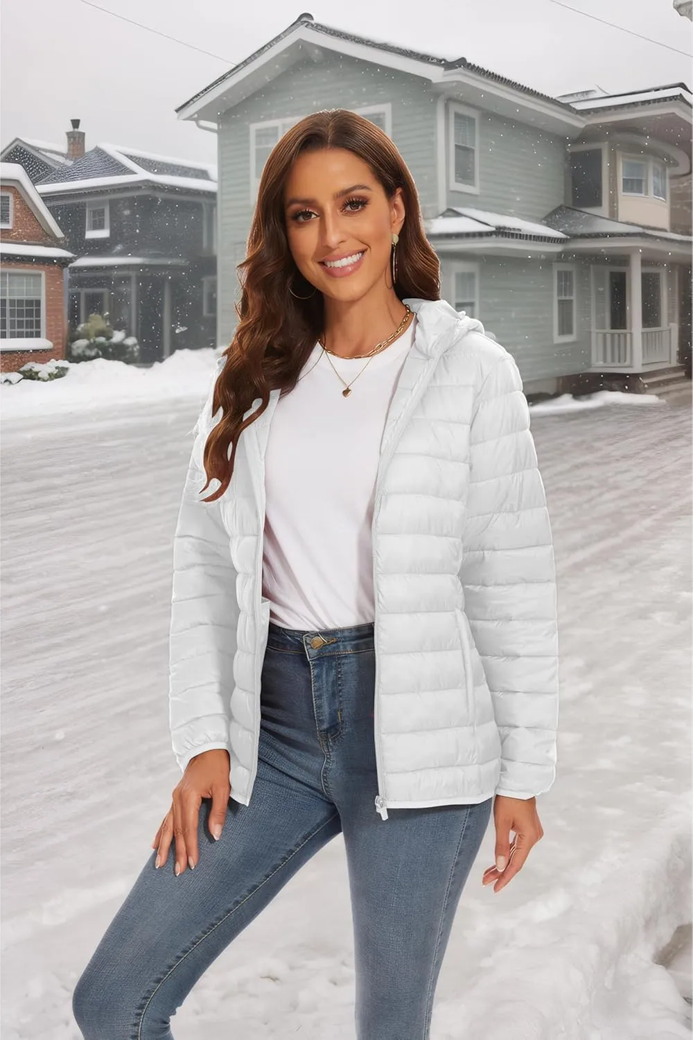 SMENG Puffer Jacket Womens Lightweight Hooded Full-Zip Windproof & Water-Repellent Womens Winter Coats