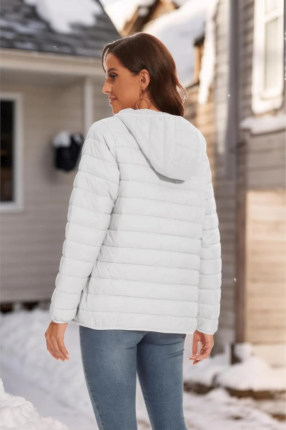 SMENG Puffer Jacket Womens Lightweight Hooded Full-Zip Windproof & Water-Repellent Womens Winter Coats