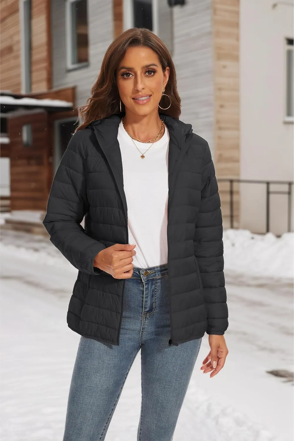 SMENG Puffer Jacket Womens Lightweight Hooded Full-Zip Windproof & Water-Repellent Womens Winter Coats