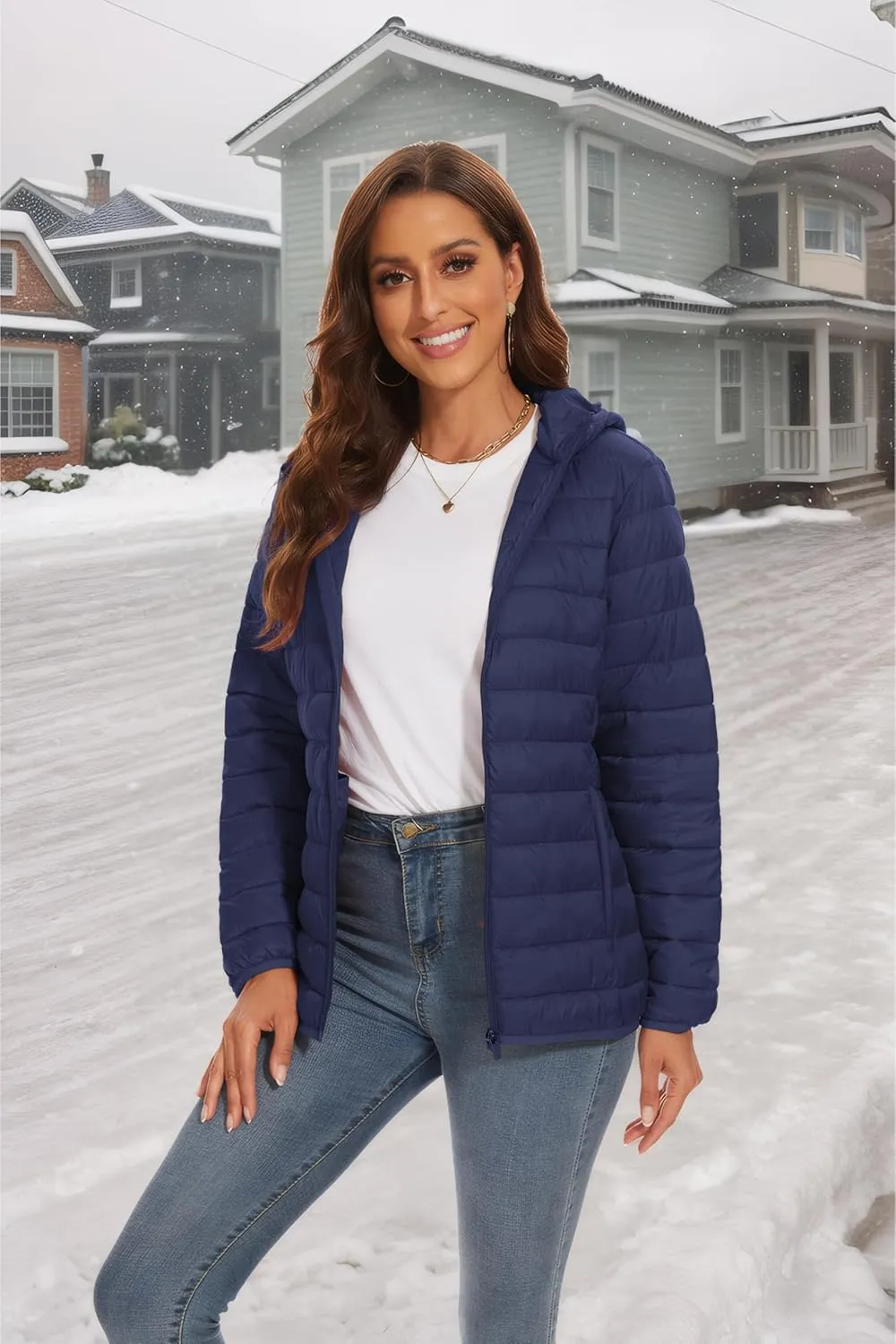 SMENG Puffer Jacket Womens Lightweight Hooded Full-Zip Windproof & Water-Repellent Womens Winter Coats