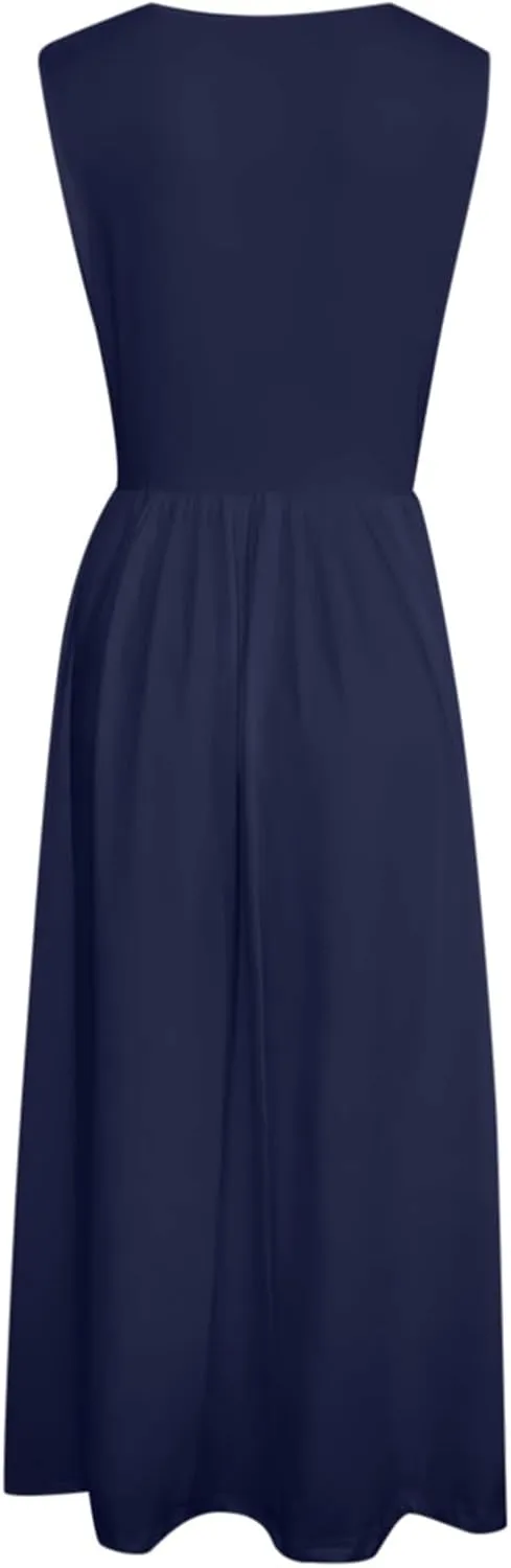 Spring Dresses for Women Tank Midi Dress Sleeveless A-Line Casual Floral T-Shirt Flowy Beach Sundress with Pockets