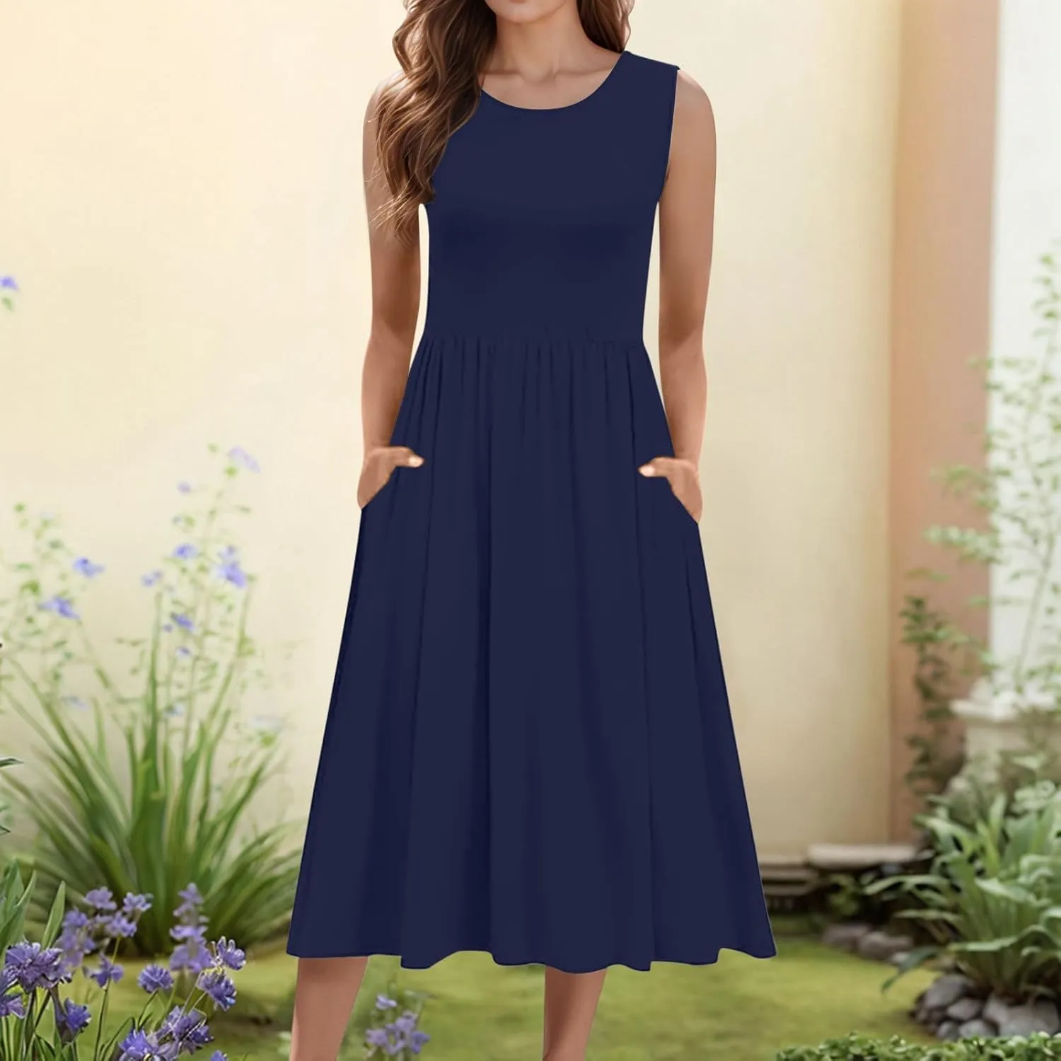 Spring Dresses for Women Tank Midi Dress Sleeveless A-Line Casual Floral T-Shirt Flowy Beach Sundress with Pockets