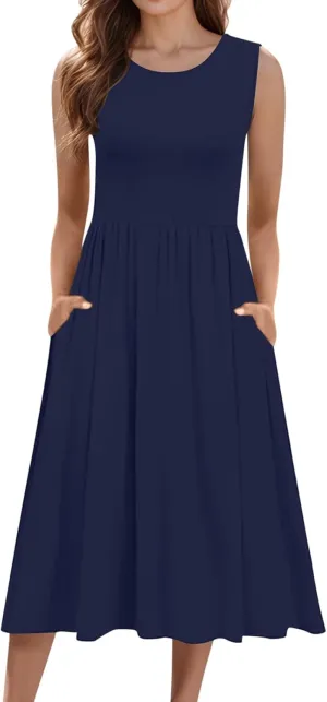 Spring Dresses for Women Tank Midi Dress Sleeveless A-Line Casual Floral T-Shirt Flowy Beach Sundress with Pockets