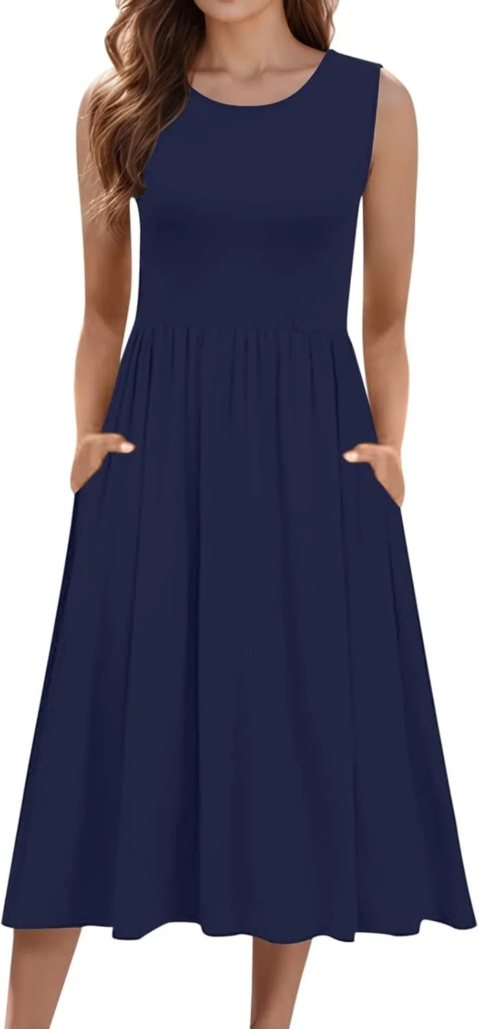 Spring Dresses for Women Tank Midi Dress Sleeveless A-Line Casual Floral T-Shirt Flowy Beach Sundress with Pockets