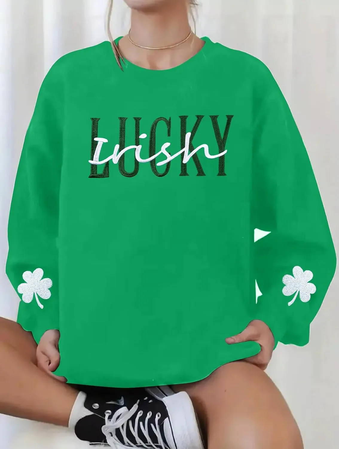 St Patricks Day Sweatshirt Women Shamrock Sweater Notre Dame Shirts Lucky Clover Top Irish Long Sleeve Pullover