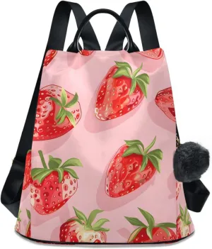 Strawberries Pink Fresh Backpack for Women Anti Theft Large Fashion Travel Shoulder Bag Purse Rucksack Lightweight
