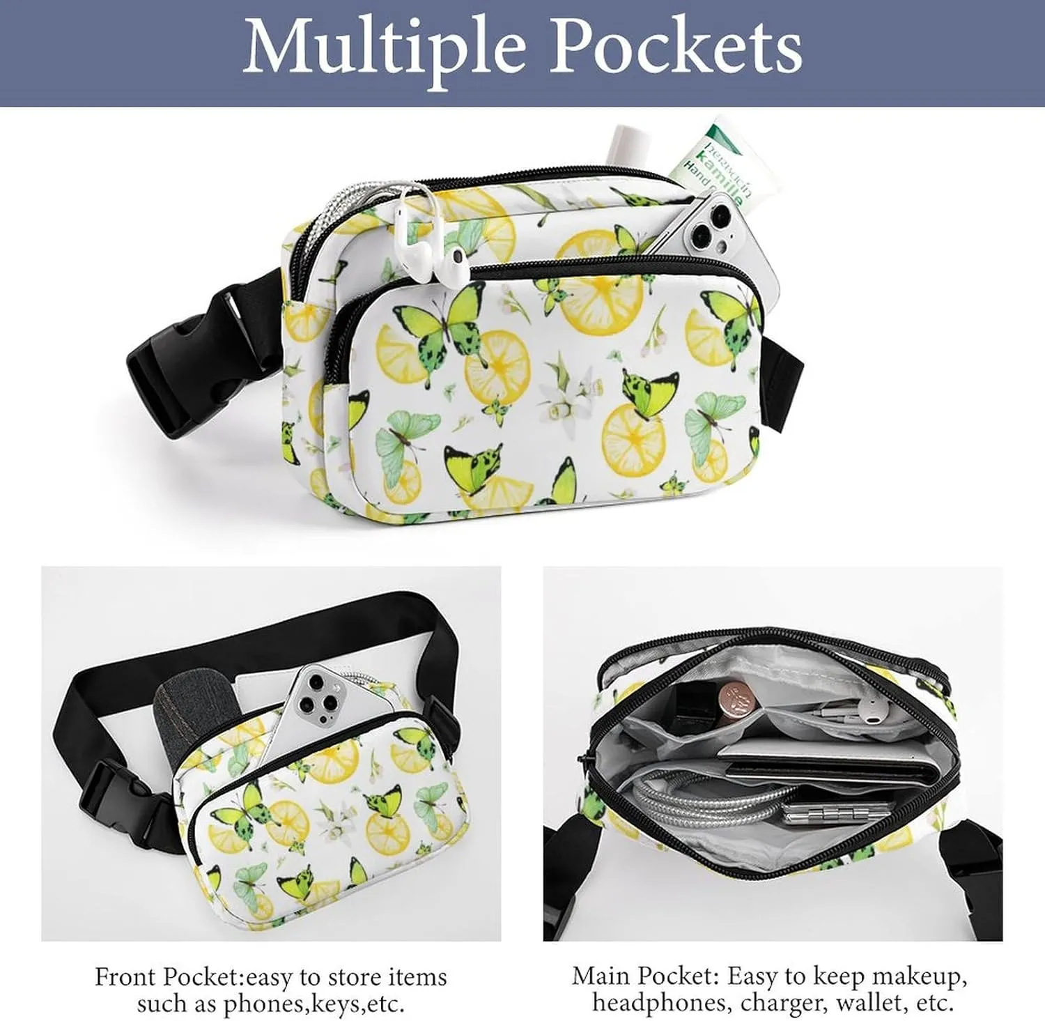 Summer Fresh Lemon Belt Bag Fanny Pack for Women Men Green Butterflies Crossbody Waist Bag Pack Adjustable Casual Bag for Travel Running Workout Cycling