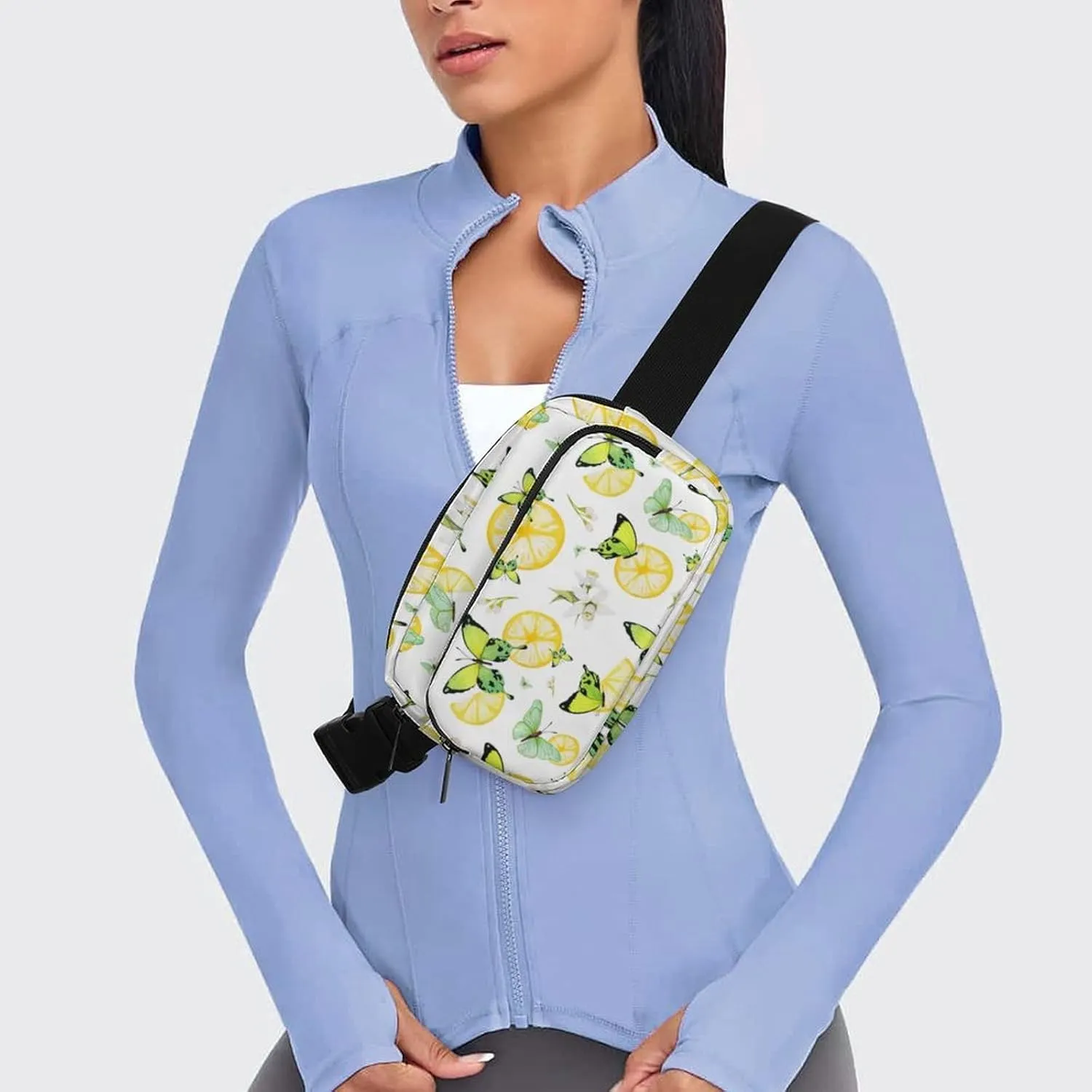 Summer Fresh Lemon Belt Bag Fanny Pack for Women Men Green Butterflies Crossbody Waist Bag Pack Adjustable Casual Bag for Travel Running Workout Cycling