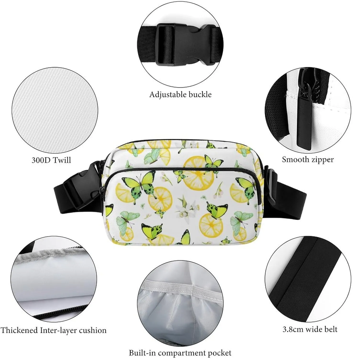 Summer Fresh Lemon Belt Bag Fanny Pack for Women Men Green Butterflies Crossbody Waist Bag Pack Adjustable Casual Bag for Travel Running Workout Cycling