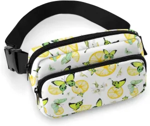 Summer Fresh Lemon Belt Bag Fanny Pack for Women Men Green Butterflies Crossbody Waist Bag Pack Adjustable Casual Bag for Travel Running Workout Cycling
