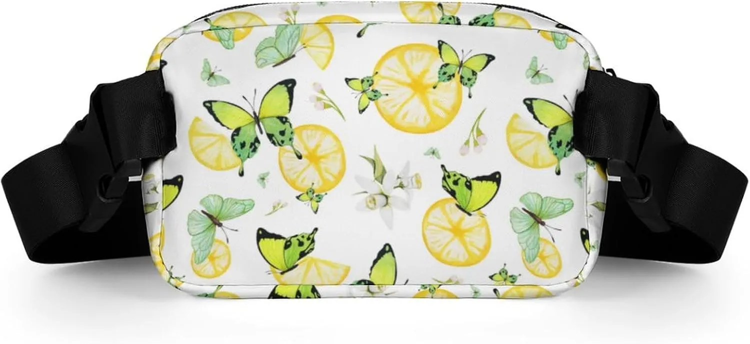 Summer Fresh Lemon Belt Bag Fanny Pack for Women Men Green Butterflies Crossbody Waist Bag Pack Adjustable Casual Bag for Travel Running Workout Cycling