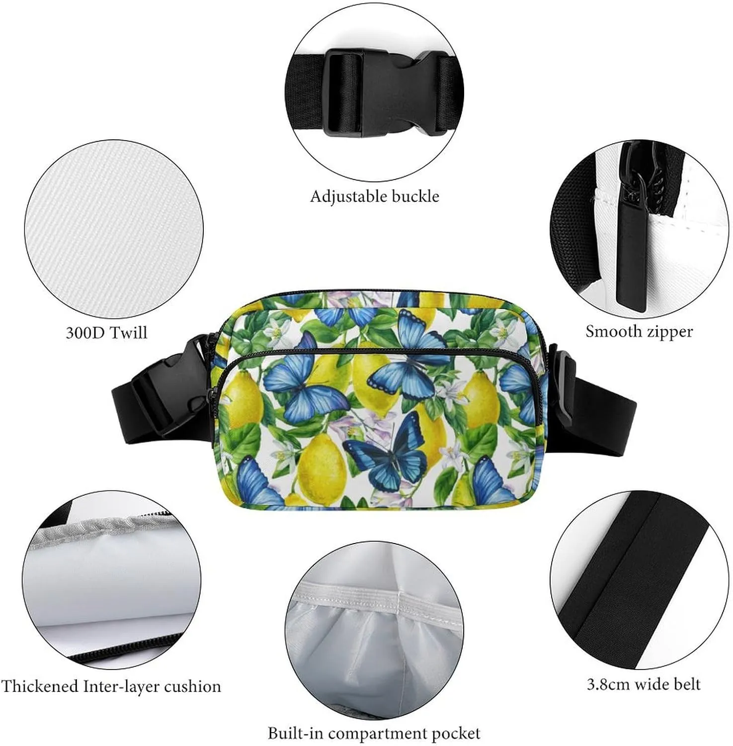 Summer Fresh Lemons Belt Bag Fanny Pack Crossbody Blue Butterfly Fashion Waist Packs With Adjustable Strap For Men Women Travel Hiking Cycling Running