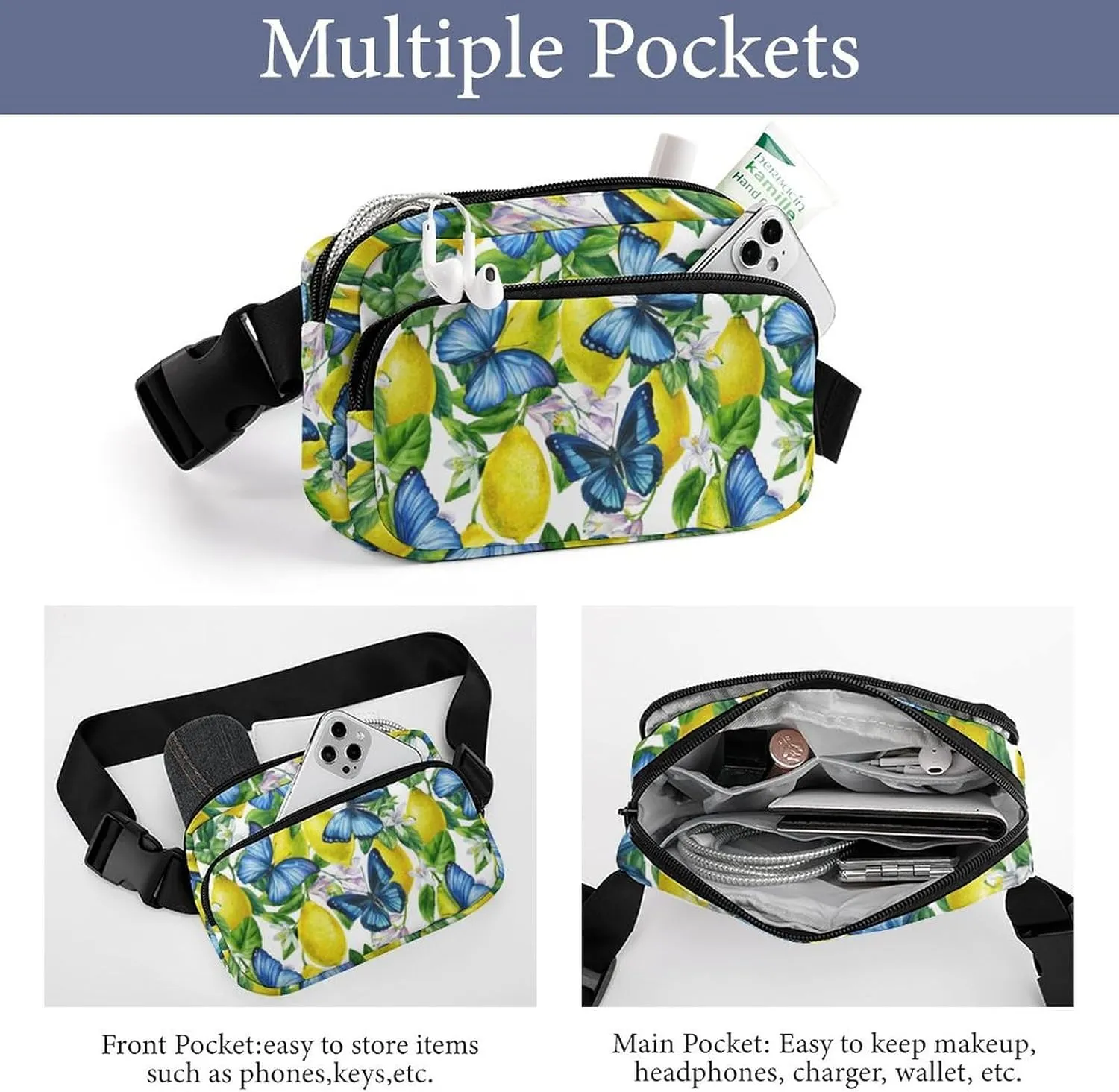 Summer Fresh Lemons Belt Bag Fanny Pack Crossbody Blue Butterfly Fashion Waist Packs With Adjustable Strap For Men Women Travel Hiking Cycling Running