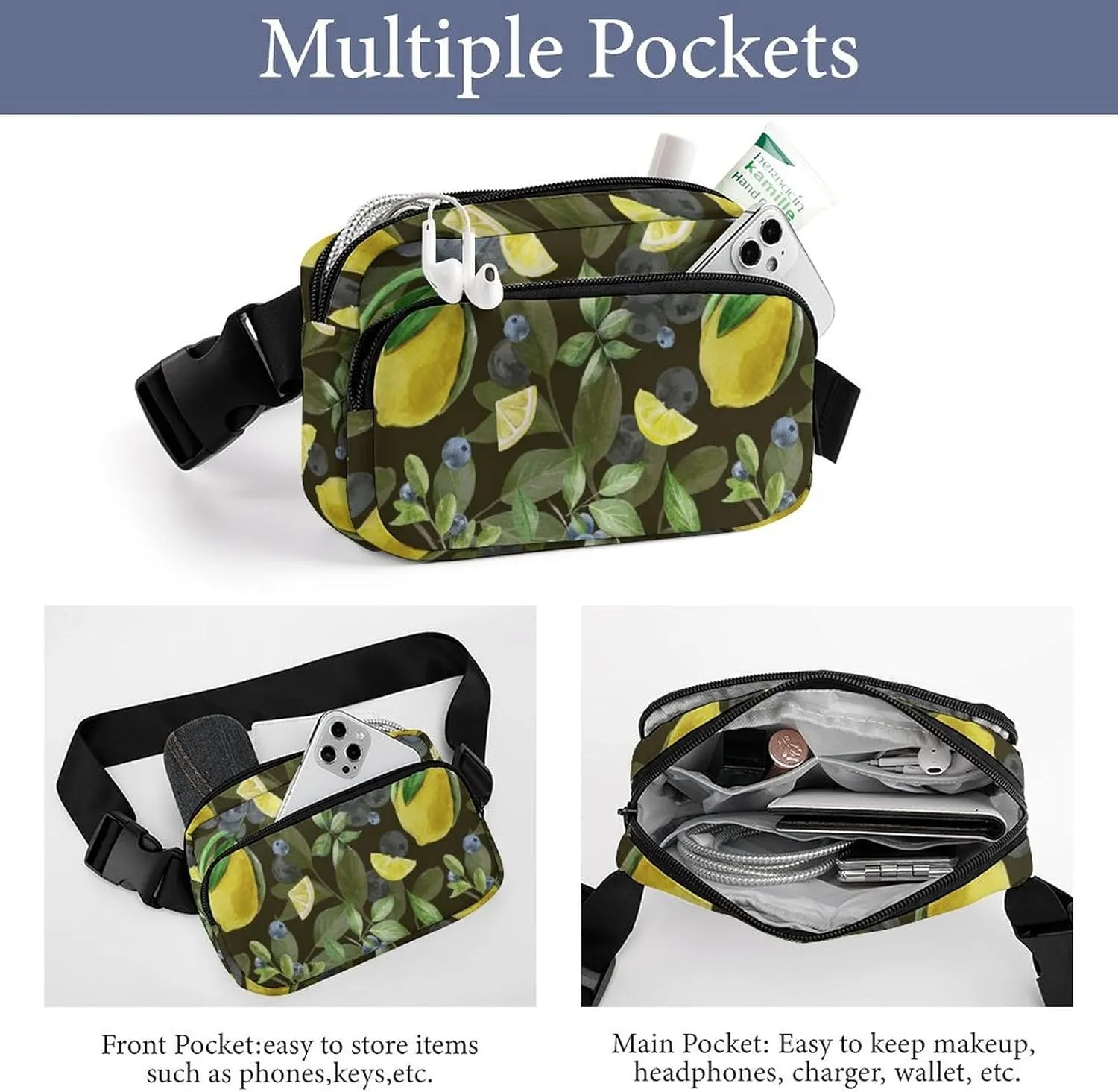 Summer Retro Lemons Fanny Pack Belt Bag with Adjustable Strap Fresh Blueberries Waist Packs Small Pouch Crossbody Bags for Hiking Running Cycling Traveling