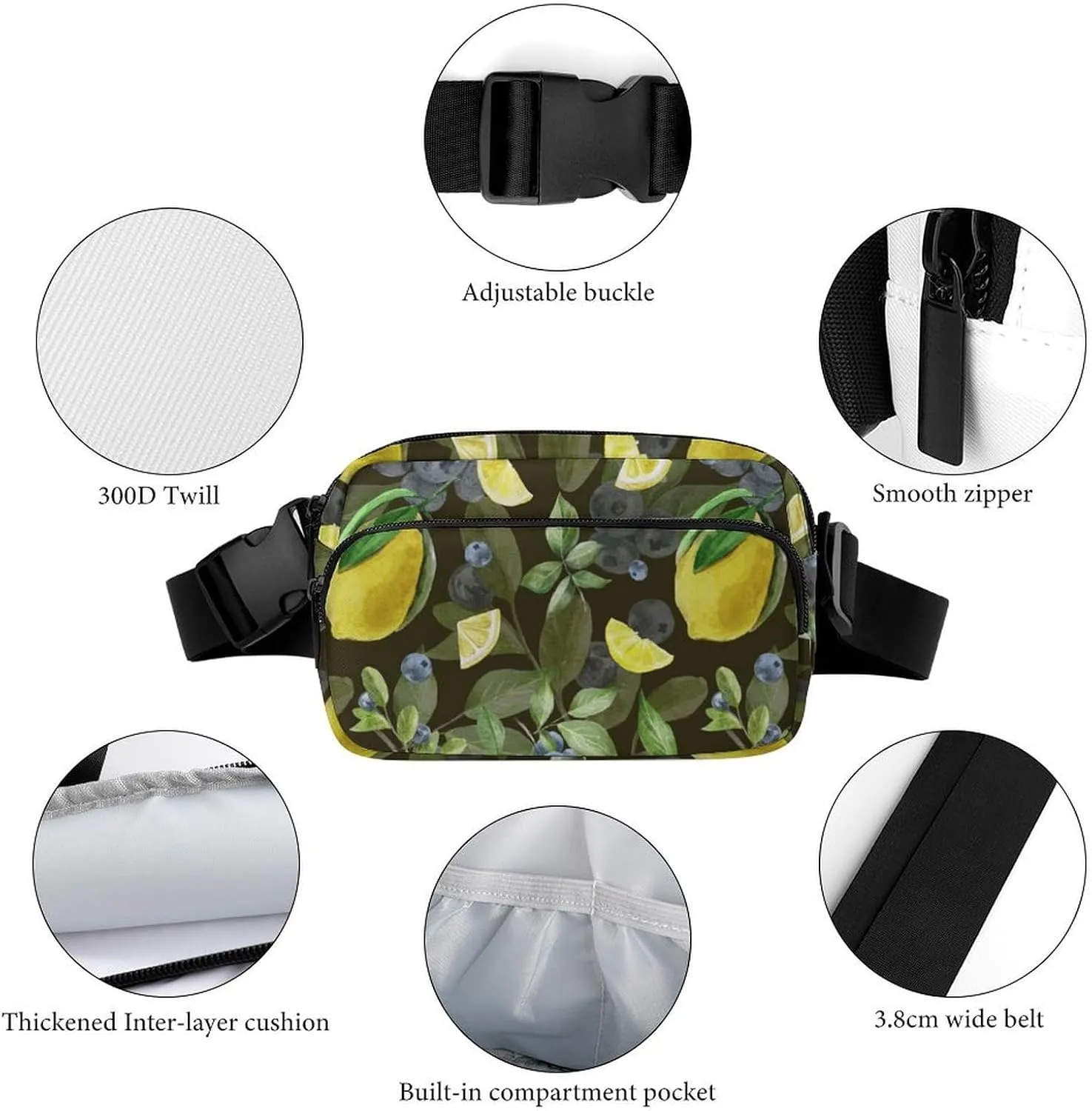 Summer Retro Lemons Fanny Pack Belt Bag with Adjustable Strap Fresh Blueberries Waist Packs Small Pouch Crossbody Bags for Hiking Running Cycling Traveling