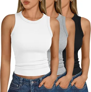 SUNBS Womens 3 Pack Tank Tops Summer 2025 Sleeveless Racerback Ribbed Workout High Neck Basic Trendy Fashion Clothes