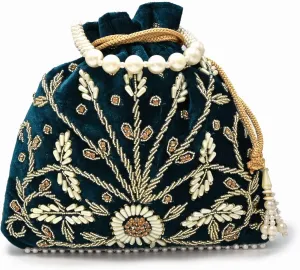 Teal Velvet Floral Embroidered Potli Bag | Pearl Handle Traditional Ethnic