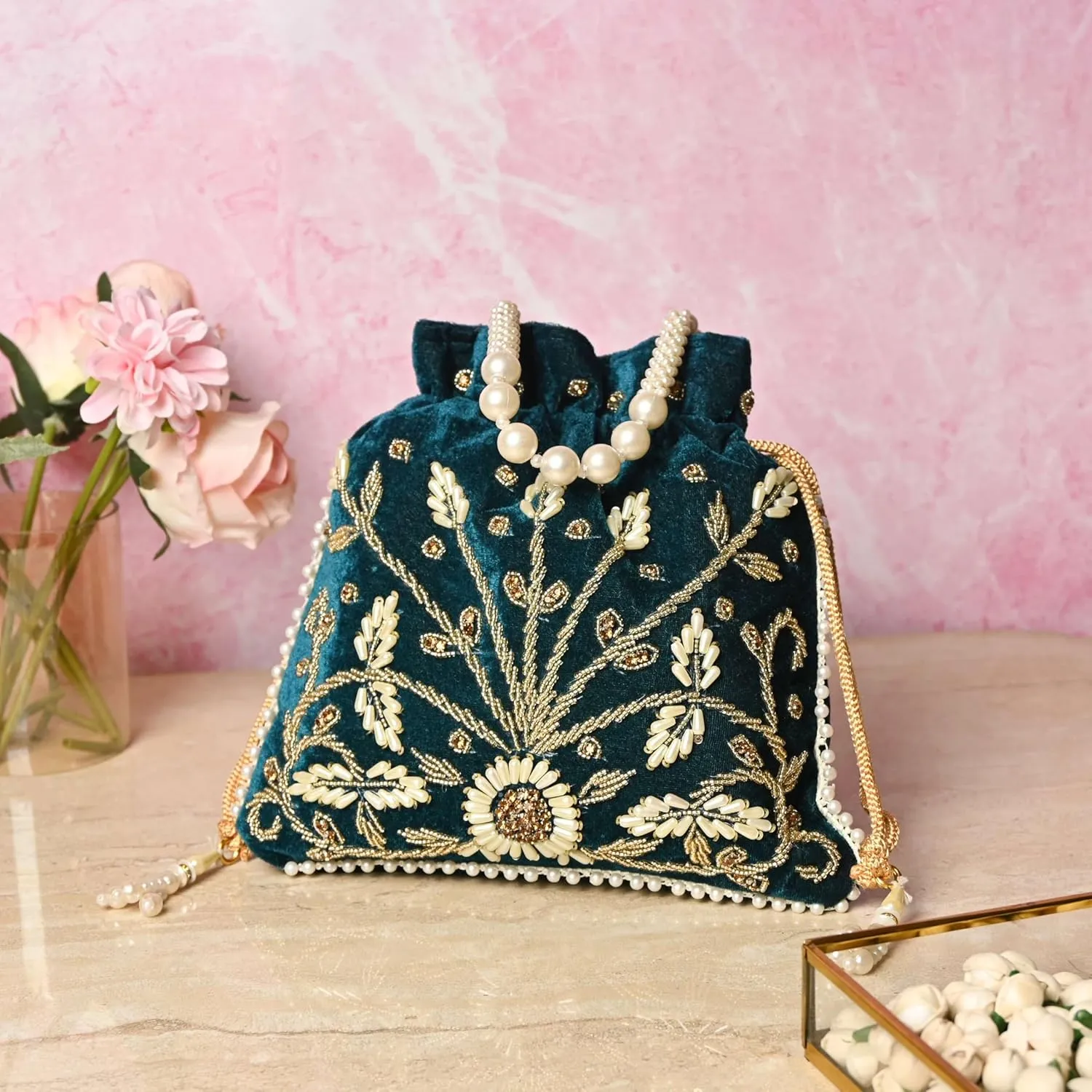 Teal Velvet Floral Embroidered Potli Bag | Pearl Handle Traditional Ethnic