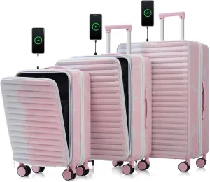 Travel Made Easy with 3-Piece Hard Shell Luggage Set, USB Interface, Front Laptop Pocket, Gradient Pink