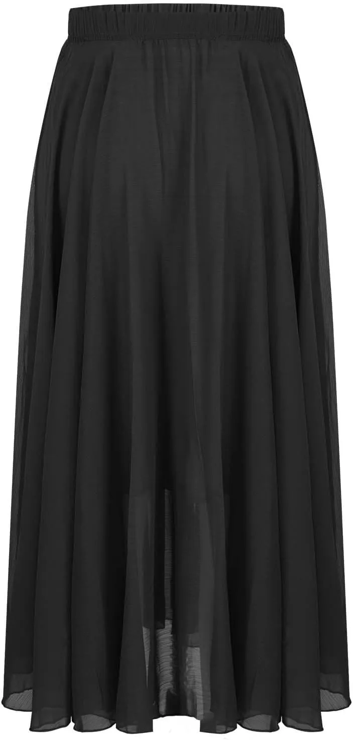 TUNUSKAT Womens Summer Flowy Maxi Skirts Casual Chiffon Bohemian Beach Long Skirt Elastic High Waisted Boho Vacation Dress