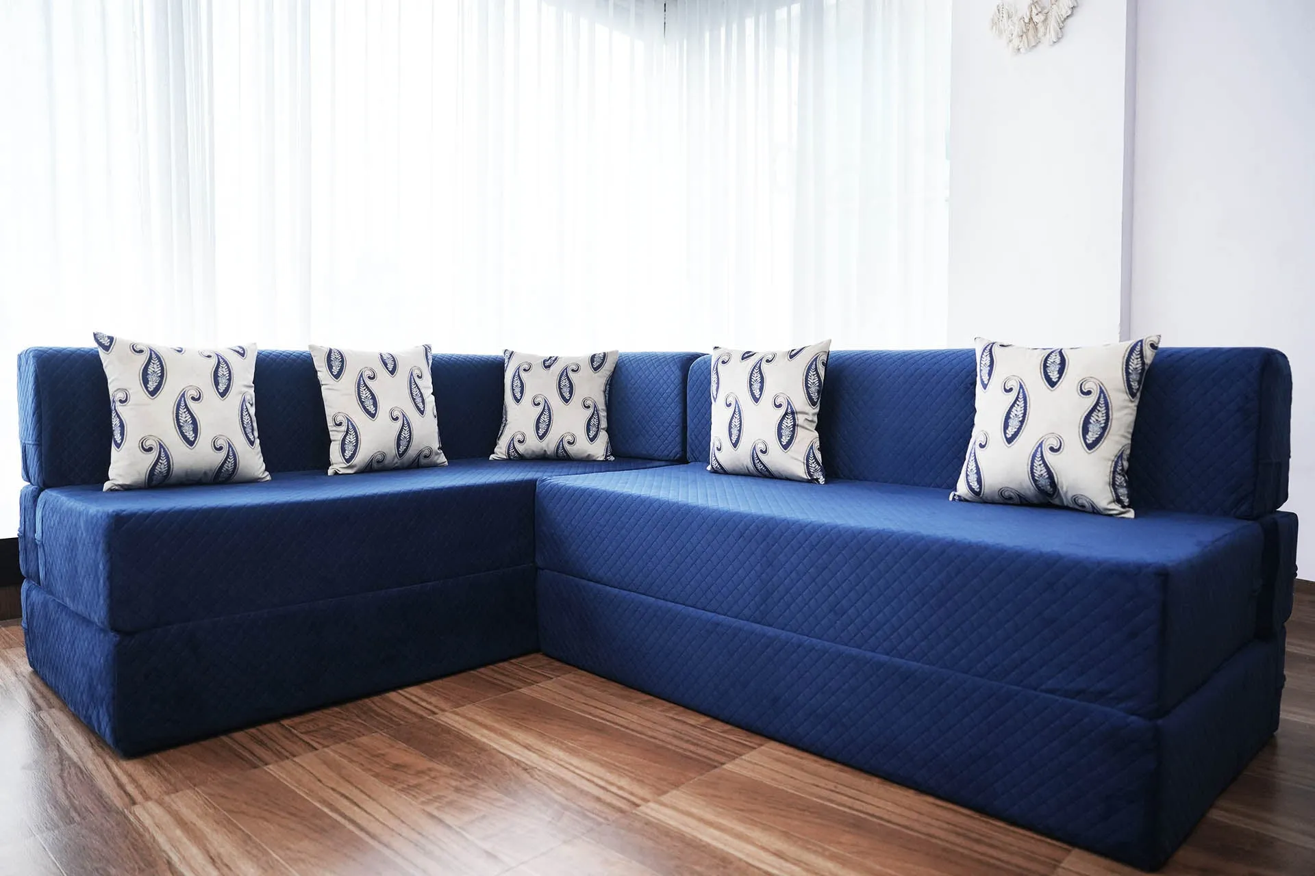 Uberlyfe L Shaped Sofa Bed, Quilted Blue | 5 Seater | 5 Blue Paisley Cushion
