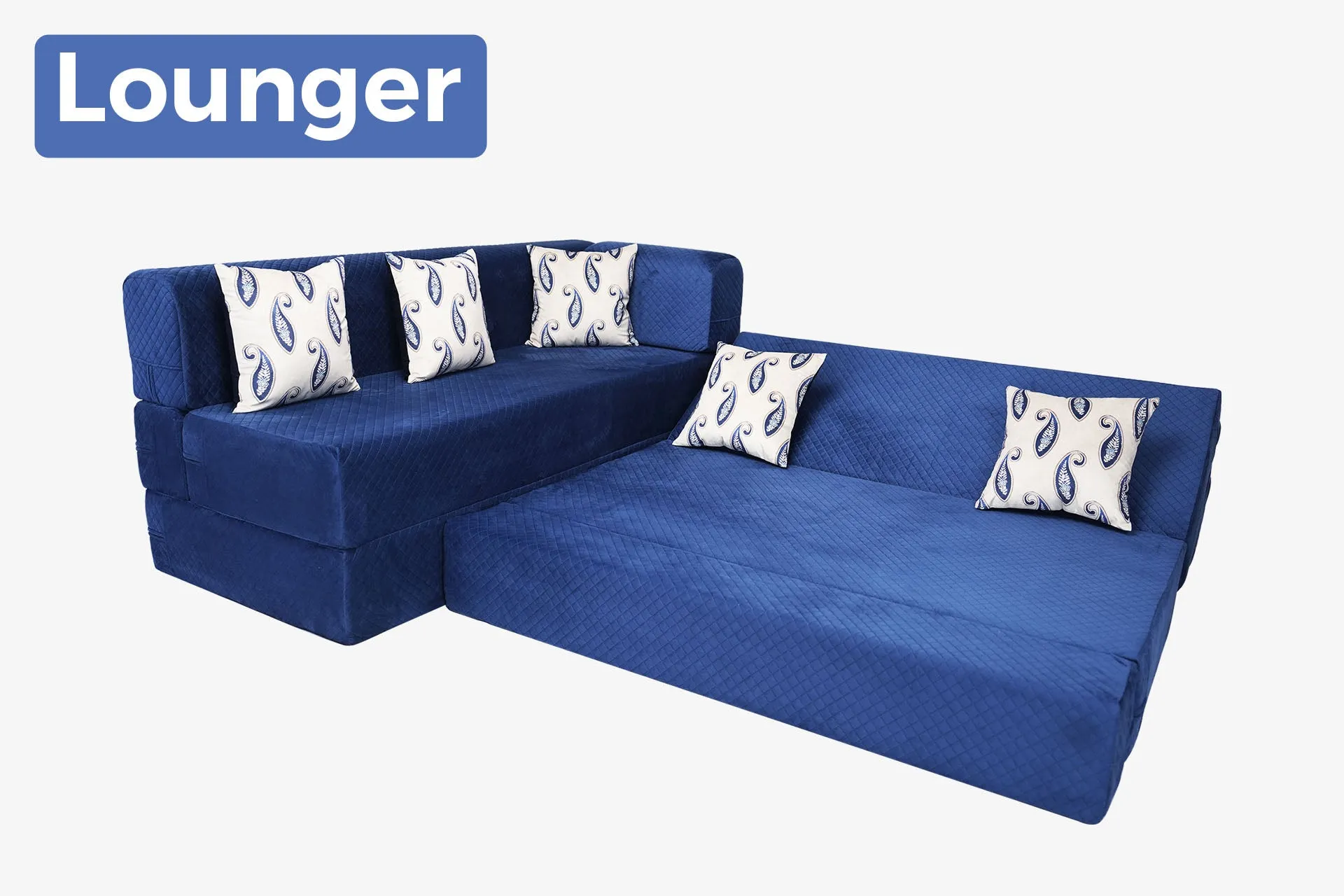 Uberlyfe L Shaped Sofa Bed, Quilted Blue | 5 Seater | 5 Blue Paisley Cushion