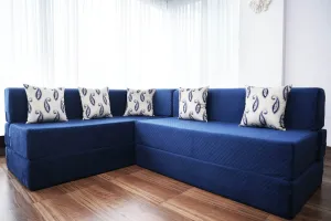 Uberlyfe L Shaped Sofa Bed, Quilted Blue | 5 Seater | 5 Blue Paisley Cushion