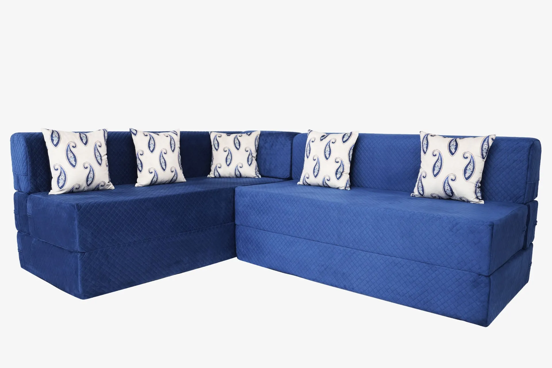 Uberlyfe L Shaped Sofa Bed, Quilted Blue | 5 Seater | 5 Blue Paisley Cushion