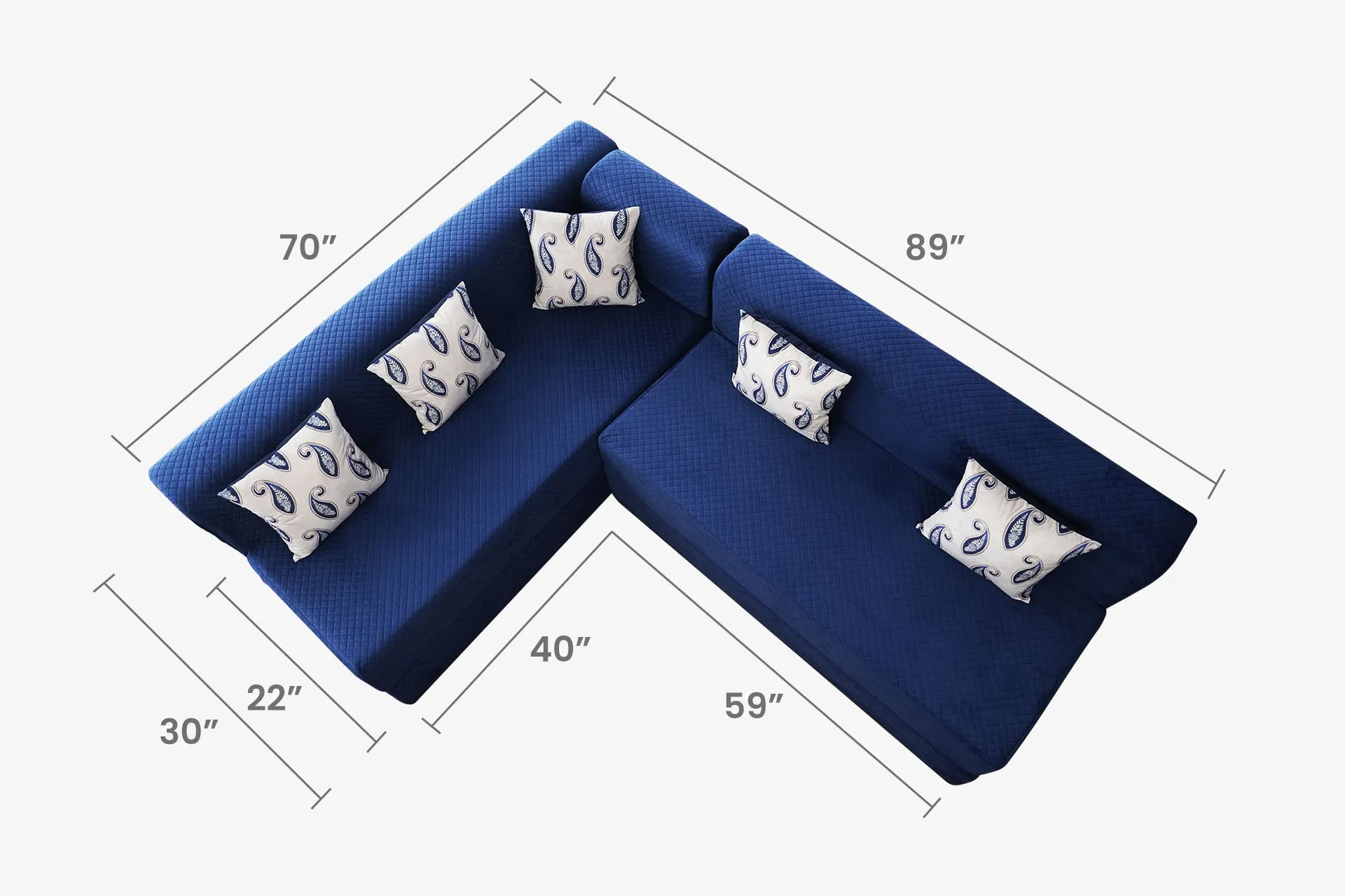 Uberlyfe L Shaped Sofa Bed, Quilted Blue | 5 Seater
