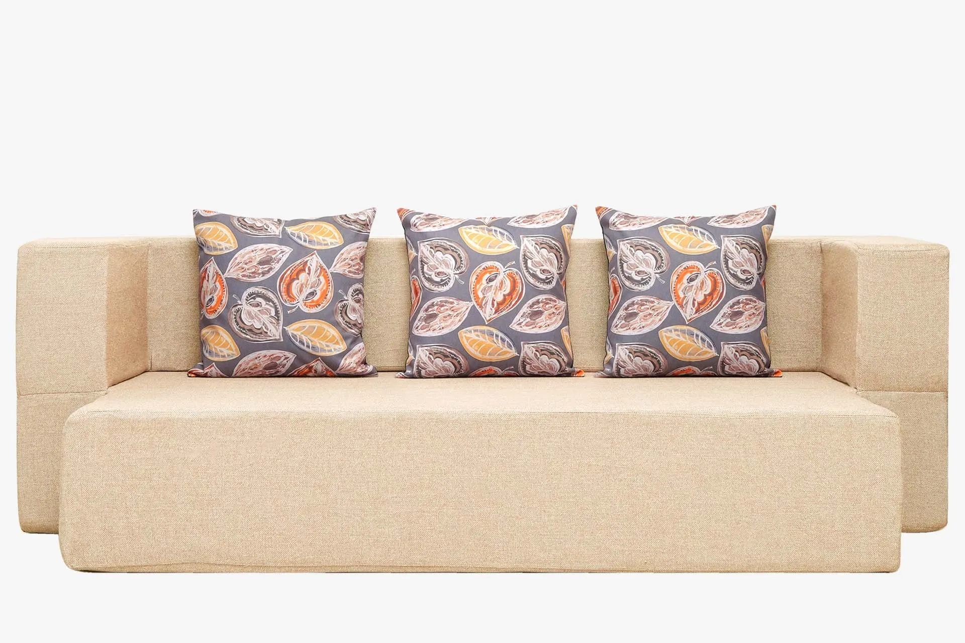 Uberlyfe New Age Folding Sofa Bed, Beige | 3 Seater | 3 Cushions- Fallen Leaves Pattern